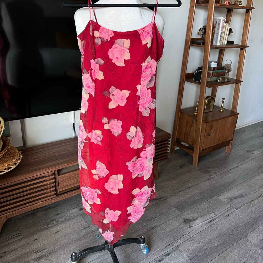 Vintage Y2K Asymmetrical Bias Cut Slip Dress Red Floral Print